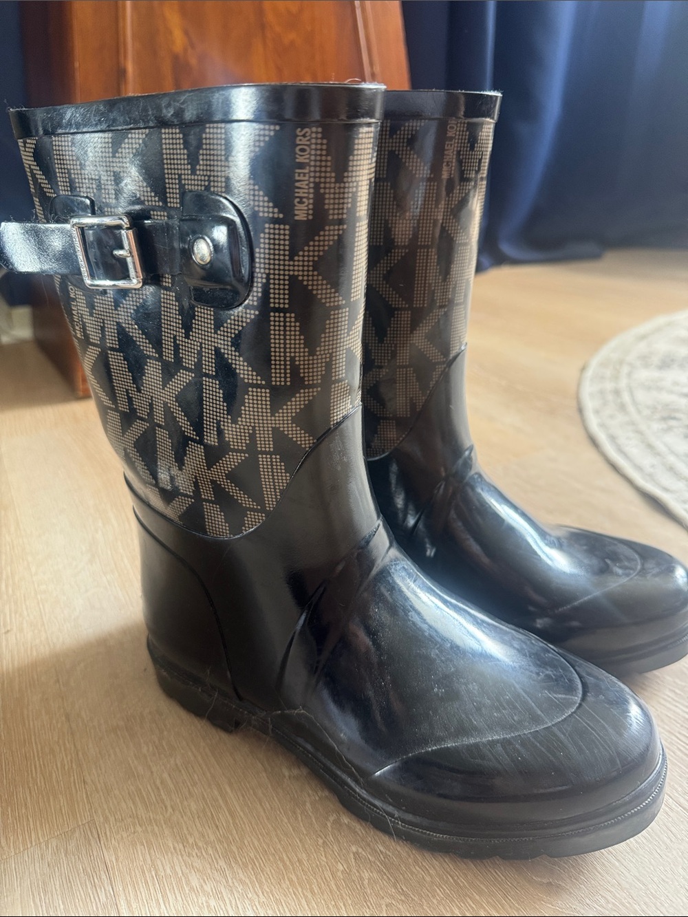 Michael Kors Black MK Logo Rain Boots with Side Buckle